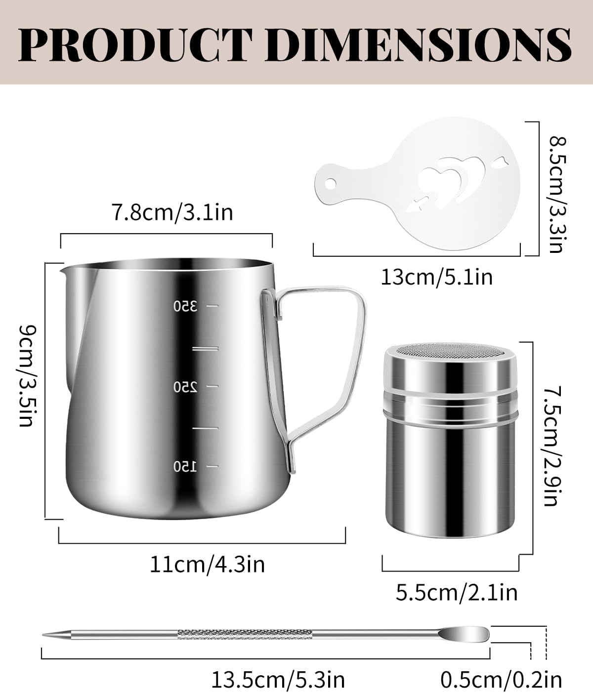 Milk Frothing Pitcher 350ml/12oz Steaming Pitchers Stainless Steel Milk Cappuccino Coffee with Decorating Art Pen, Powder Shaker, 16 Pieces Coffee Decorating Stencils