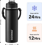 GOSWAG Insulated Sports Water Bottle, 24oz 2 Lids(with Straw/No Straw), Stainless Steel Water Bottles with Paracord Handle, Insulated Bottle with Double-Wall Vacuum Insulation