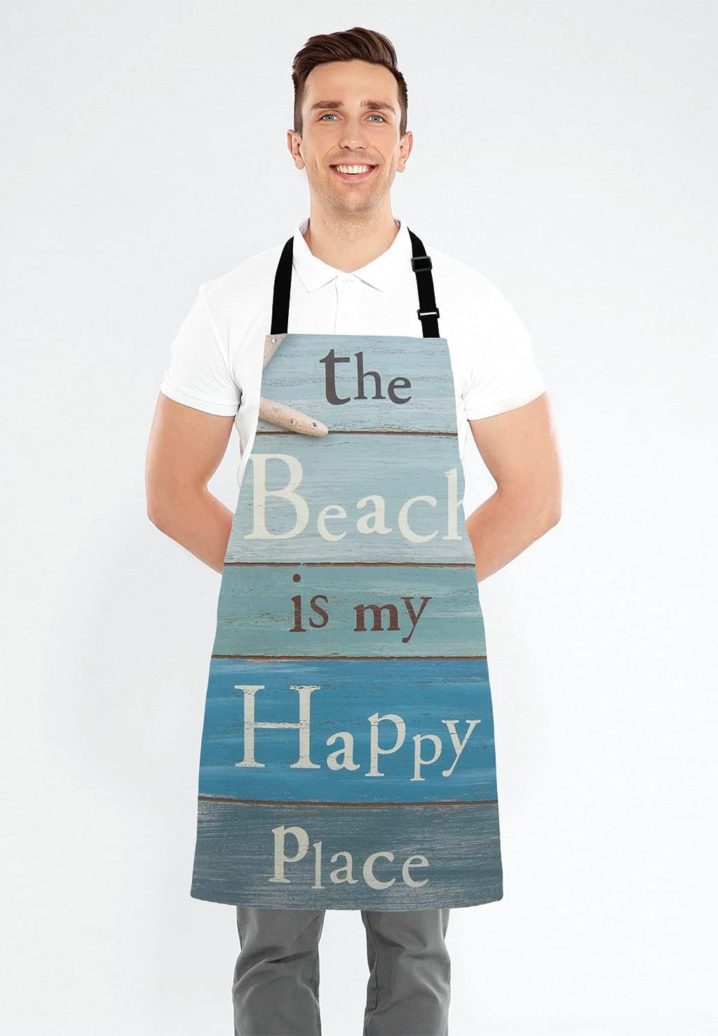 The Beach Is My Happy Place Bib Apron with Adjustable Neck for Men Women,Suitable for Home Kitchen Cooking Waitress Chef Grill Bistro Baking Apron