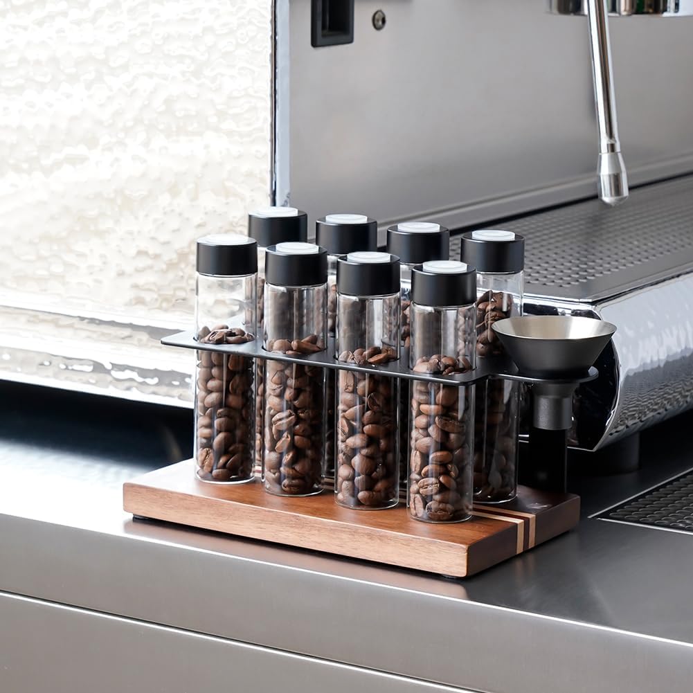 watchget Single Dose Coffee Storage Tubes 10 Pcs Dosing Glass Vials with One-way Exhaust Valve Lids Coffee Bean Storage Coffee Bean Cellar with Hopper & Wood Base, B