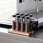 watchget Single Dose Coffee Storage Tubes 10 Pcs Dosing Glass Vials with One-way Exhaust Valve Lids Coffee Bean Storage Coffee Bean Cellar with Hopper & Wood Base, B