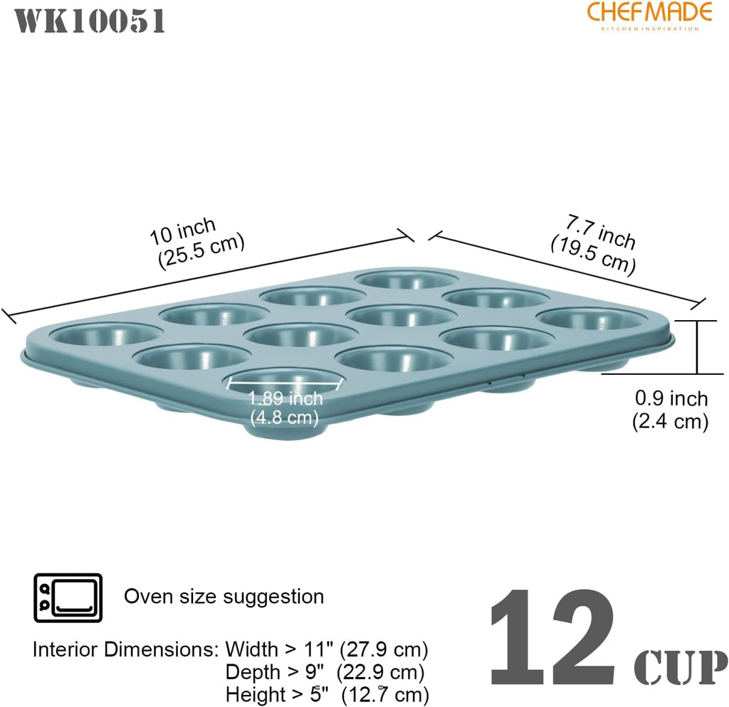 CHEFMADE Mini Muffin Cake Pan, Nonstick 12 Cavity Mini Muffin Bakeware Cupcake Pan for oven Baking（Green）