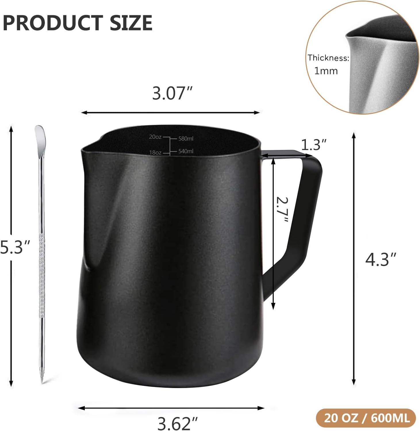 Milk Frother Pitcher 20 OZ，Espresso Milk Frothing Pitcher, Milk Steamer Cup Steaming Pitcher, Stainless Steel Coffee Froth Cup with Latte Art Pen for Coffee Cappuccino (Black)