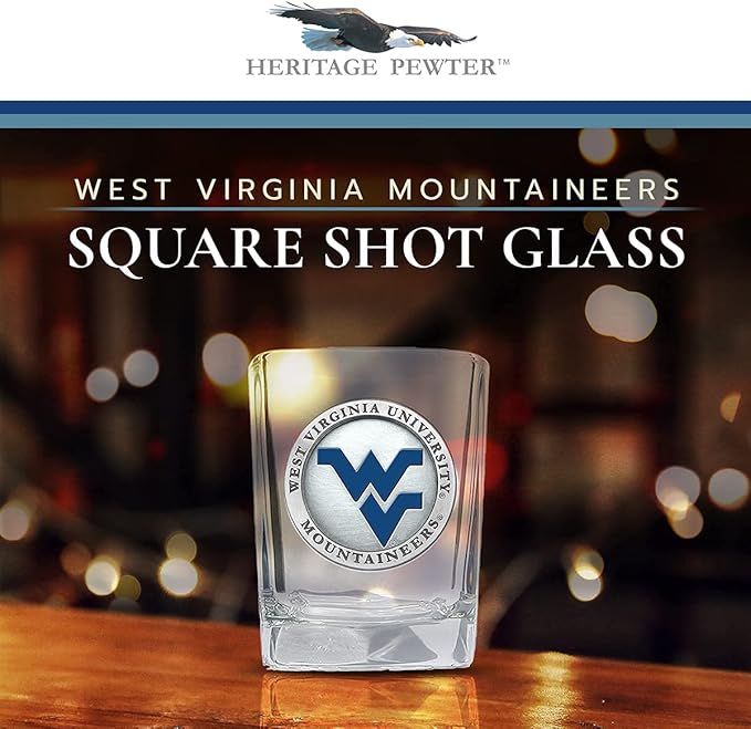 Heritage Pewter University of West Virginia Square Shot Glass | Hand-Sculpted 1.5 Ounce Shot Glass | Intricately Crafted Metal Pewter Alma Mater Inlay