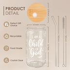 SANDJEST Christian Glass Can, I am Child of God Cup with Lid & Straw, Iced Coffee Aesthetic Cups, Idea Gift for Christmas Birthday, Gifts for Women, 16oz
