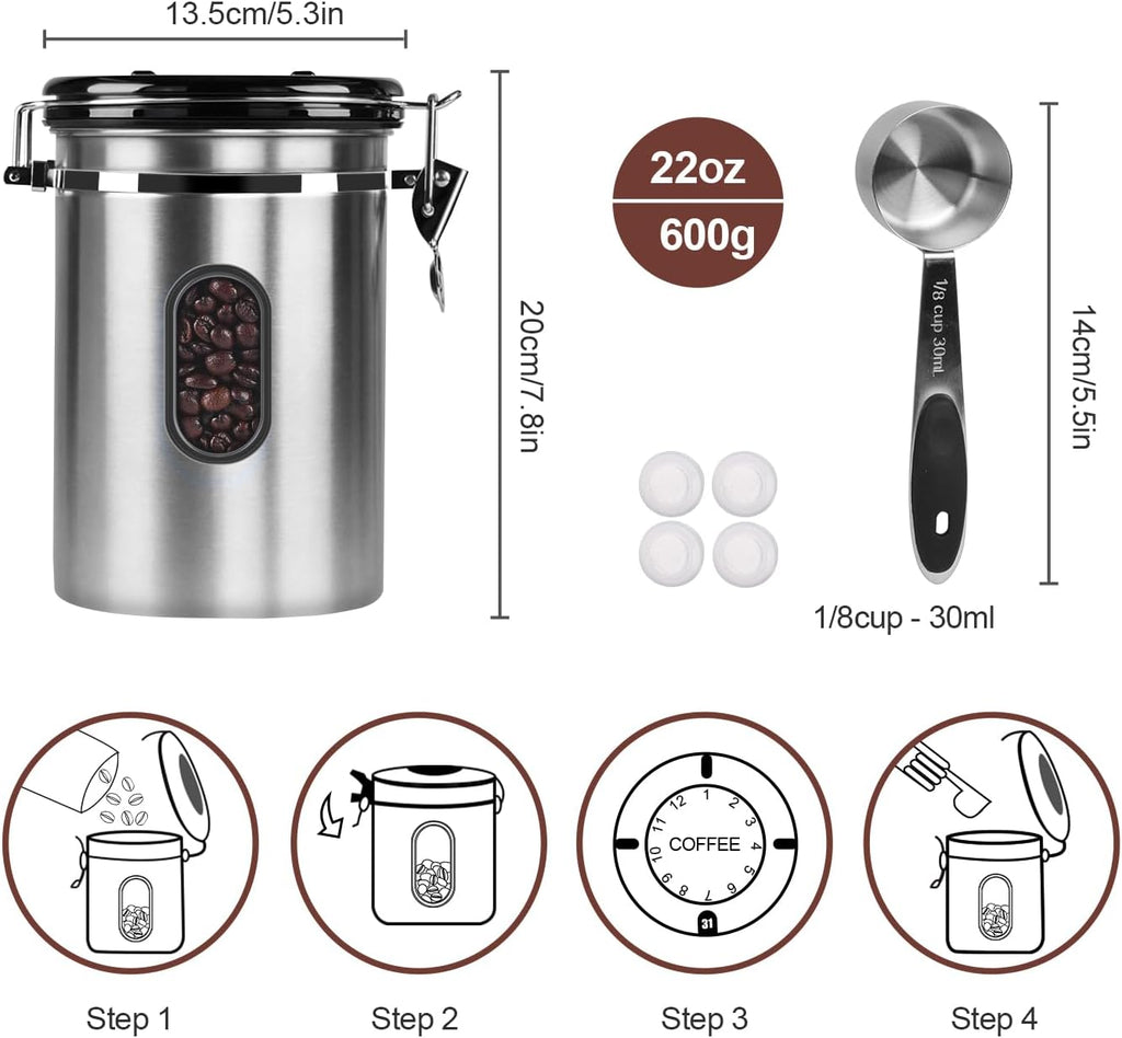 1800ML Airtight Coffee Canister with Date Tracker&Transparent Window, 22.8OZ Coffe Beans Storage with 30ML Measure Spoon&4 co2 Valve, Coffee Container for Grounds Coffee, Beans, Tea, Sugar(Silver)