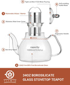 TETWIN Glass Teapot Including 6 Blooming Flower Tea Balls, Stovetop Safe Tea Pot with Removable Infuser for Loose Leaf Tea, 1000ml / 33.8oz