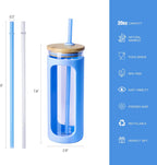 Kodrine 20oz Glass Tumbler with Straw and Lid, Iced Coffee Cups with Bamboo Lids, Glass Cups for Cold Drinks, Smoothie Cup with Silicone Sleeve for Travel, Work, BPA FREE-SkyBlue