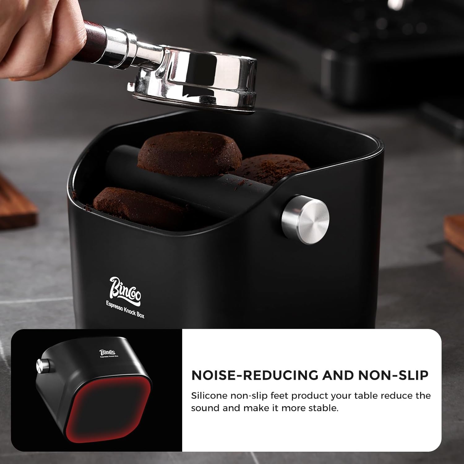 Bincoo Square Coffee Knock Box 0.8L – ABS Espresso Knock Bin with Non-Slip Base, Wide 4.6" Slanted Opening & Detachable Silicone Knock Bar for Easy Cleaning and Quiet Use(White(square))