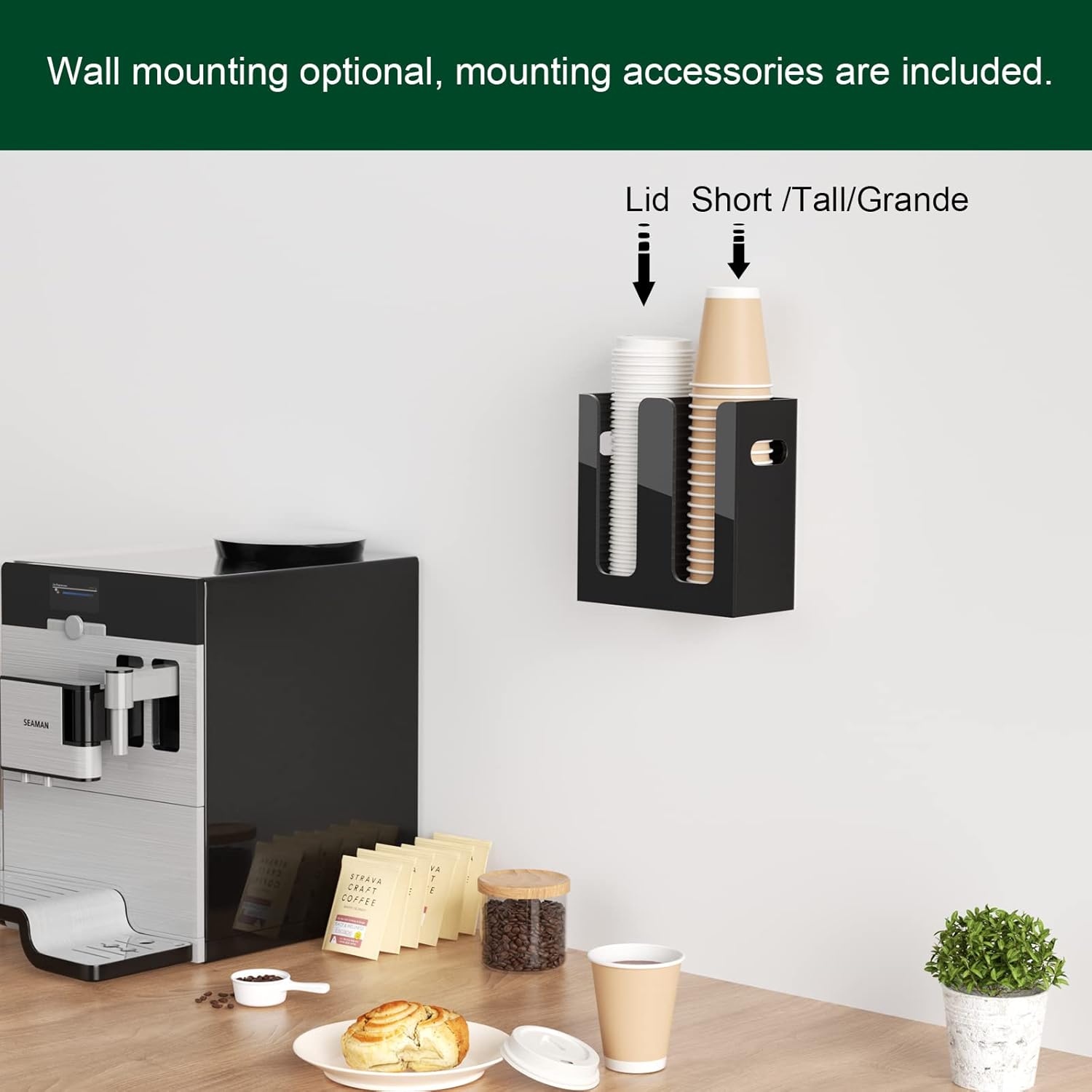 Disposable Coffee Cup Dispenser with Handles, Countertop or Wall Mount Hot/Cold Drink Cup and Lid Holder - Bathroom/Kitchen/Office Acrylic Cup Lid Storage Organizer (2 Compartments, Black)