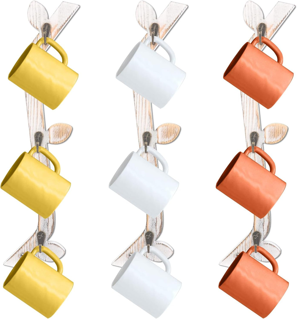 3 Pack Wood Coffee Mug Wall Rack with 9 Hooks Wall Mount Coffee Cup Holder White Espresso Cup Display Stand Tea Cup Hanger Display Wall for Kitchen Cafe Bar