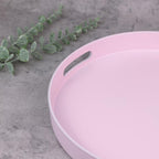 Round Pink Decorative Serving Tray with Handles, 13” Versatile Ottoman Tray for Coffee Table, Entertaining, Outdoor Patio, Living Room