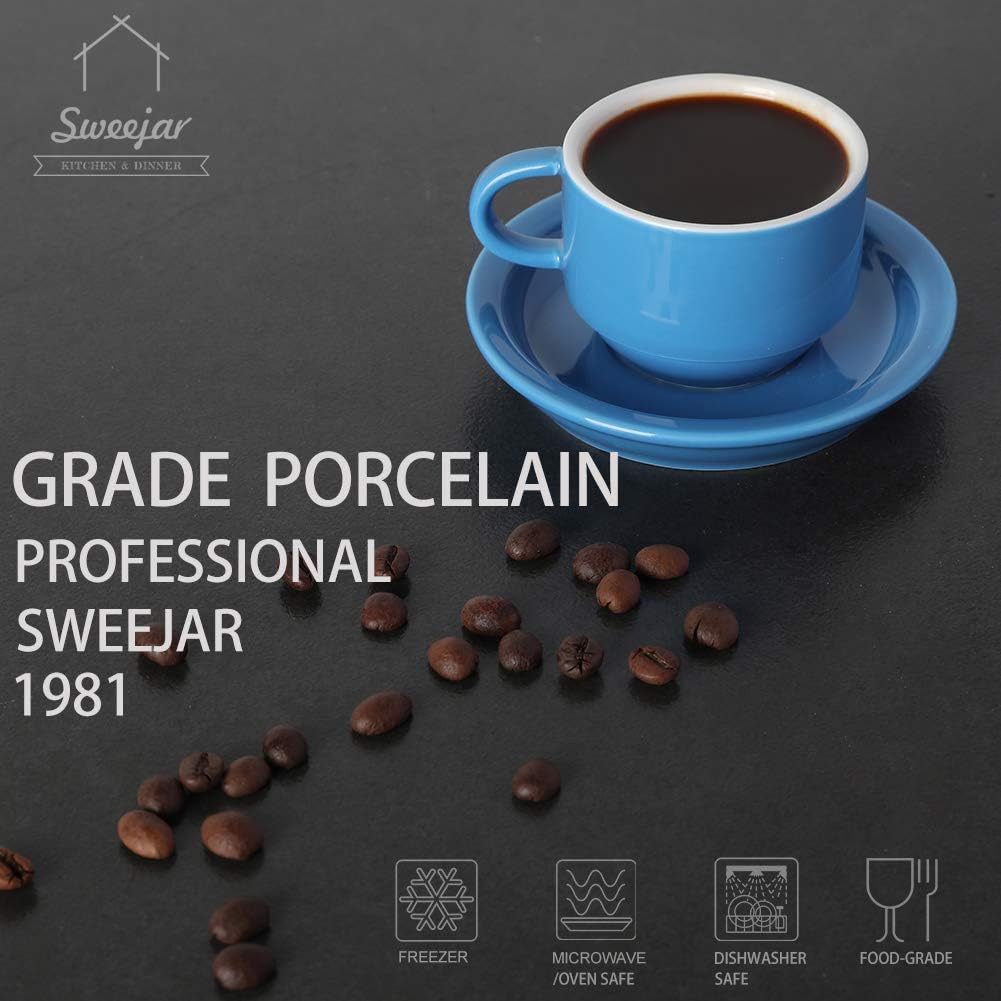 Sweejar Porcelain Espresso Cup & Saucer Set, Stackable Demitasse Cups with Metal Stand, 2.5 OZ for Latte,Coffee,Cafe Mocha,Tea, Set of 6(Blue)