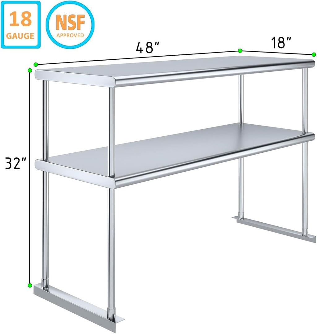 NSF Certified 18 Gauge Heavy Duty Stainless Steel Double overshelf with Brackets for Kitchens, Utility Rooms, Storage, Offices & Home