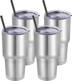 DOMICARE 30 oz Tumbler with Lid and Straw, Stainless Steel Tumblers Bulk, Insulated Vacuum Double Wall Travel Coffee Mug, Durable Powder Coated Tumbler Cups (Stainless Steel, 4)