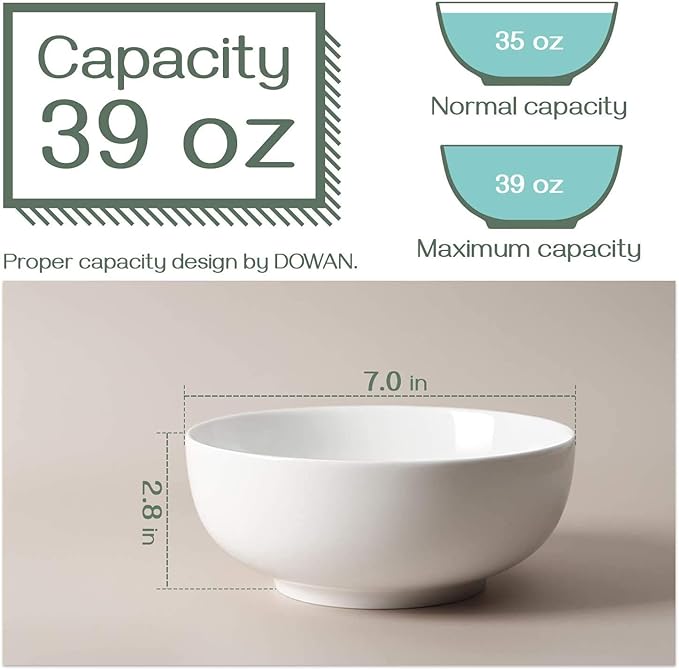 DOWAN Soup Bowls, Ramen Bowl for Noodle, 39 Ounce large Cereal Bowls for Kitchen, 7 Inches Centerpiece Bowls, Microwave and Dishwasher Safe, White