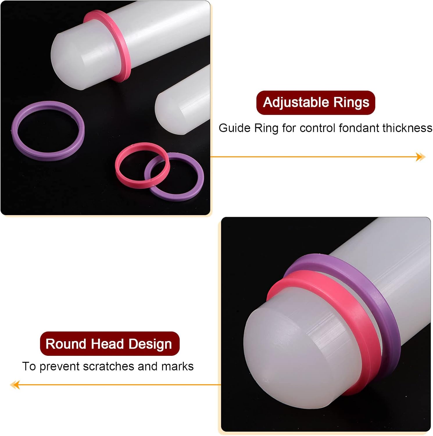 HARFINGTON Fondant Rolling Pin 18 Inch x 0.98 Inch Adjustable Guide Rings Non-Stick PP Plastic Fondant Roller Dough Roller Kitchen Decorating Tools for Cookie Pastry Pizza Clay