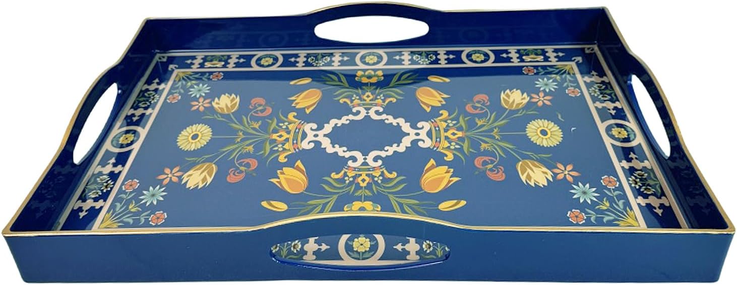 Boho Blue Decorative Tray, Serving Tray with 4 Handles, Plastic Tray for Coffee Table, Ottoman - Ideal for Living Room & Bathroom. 15” x 11” x 1.9”