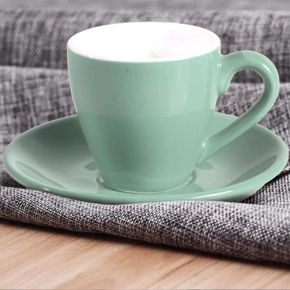 homEdge Porcelain Espresso Shot Cup Set with Saucers and Stainless Steel Spoons - 80 ml / 2.67 oz, Set of 4, Mint Green
