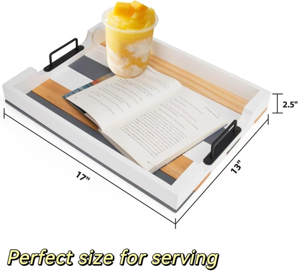 Wood Serving Tray with Metal Handle for Ottoman, Modern Rectangle Coffee Table Tray for Food Eating, White Decorative Tray, Size 17''x13'', Multicolor