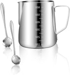 Milk Frothing Pitcher 20oz/600ML with Clear Scale 1PCS, Stainless Steel Cappuccino Espresso Machine Accessories for Barista Coffee Bar Attached Dessert Spoons 2PCS