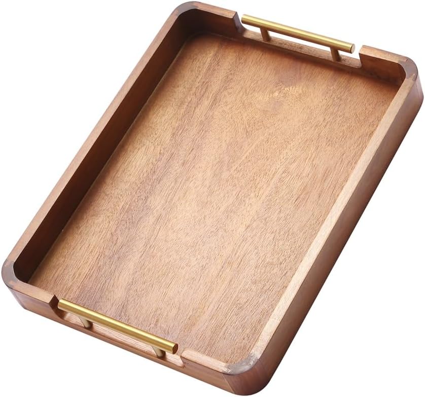 Acacia Wood Serving Tray with Handles, 17x13 Inch Ottoman Tray for Coffee Table,Candle Display,Breakfast in Bed, Large Wooden Decorative Tray with Non-Slip Pads, for Kitchen, Dining, Home Decor