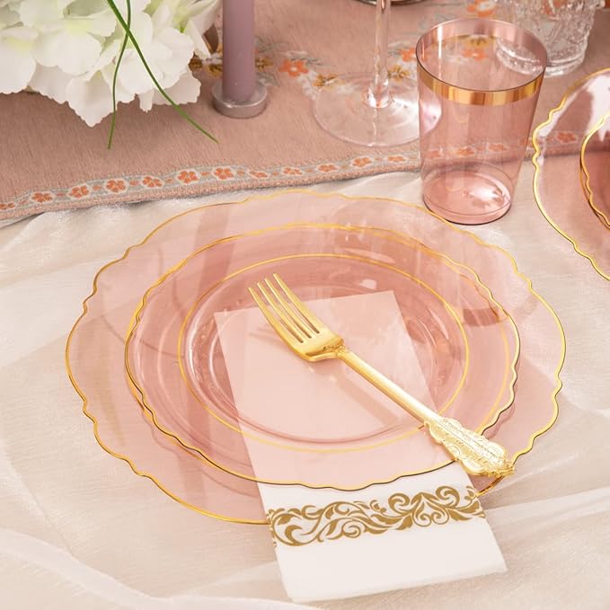 KIRE 210Pcs Clear Pink Plastic Plates with Gold Rim - Disposable Gold Silverware &Pink Cups&Hand Napkin - Plum Colored Plastic Dinnerware for Upscale Wedding