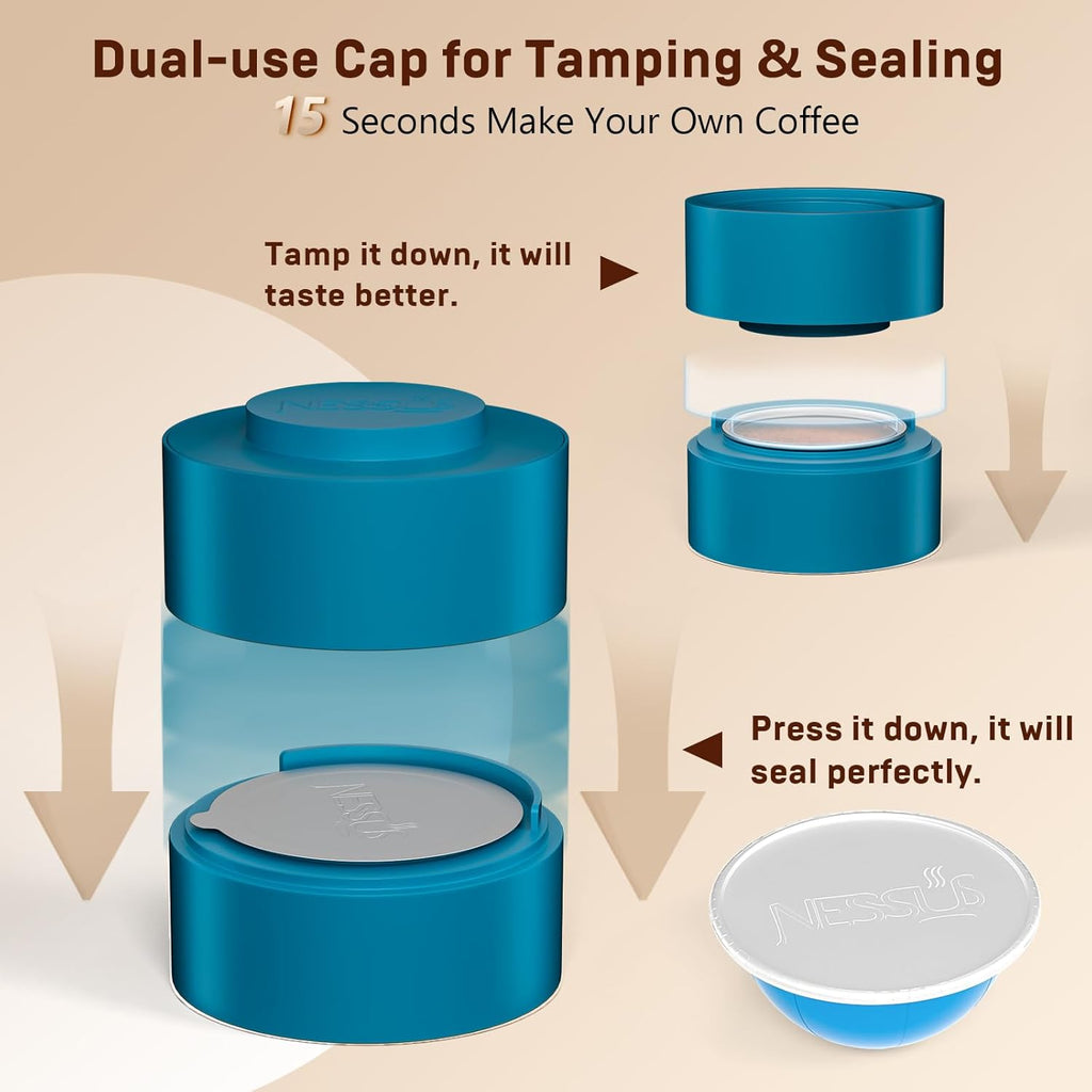 Nessus Reusable Vertuo Capsule Kit, [ALSeal EZ FIT] for Refillable Pods with 100 Pcs Aluminum Foil Seal Lids, Holder, Brush, for Refilling Vertuo Pods Reusable Vertuoline Pod(Blue)
