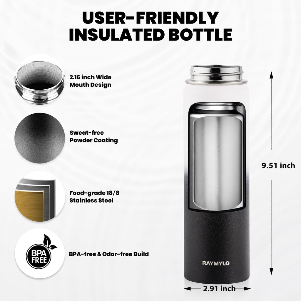 Insulated Water Bottle 20 oz, Triple Wall Vacuum Stainless Steel (Cold for 48 Hrs), Leak Proof & Non-BPA, Kids Water Bottle Jug for School with Straw Spout Lids, Ombre: White/Black