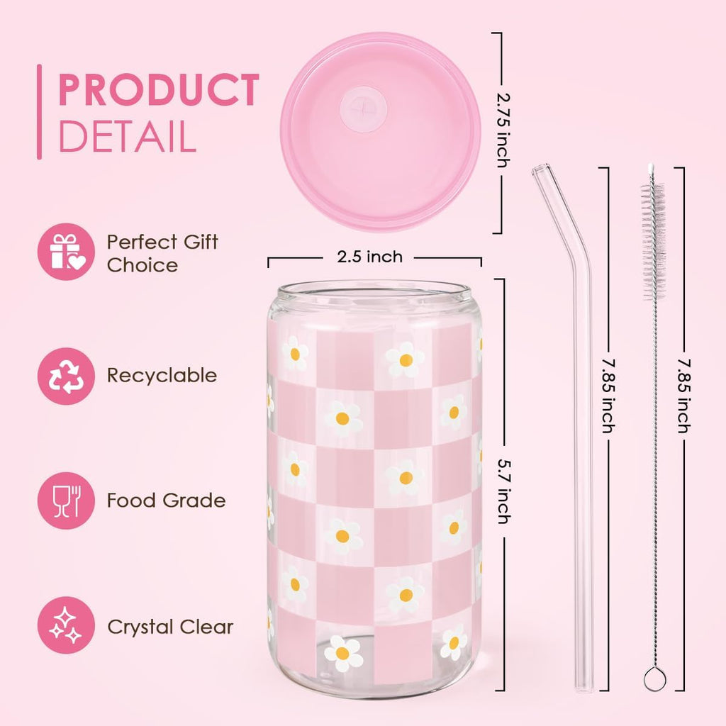 SANDJEST Checkerboard Daisies Glass Can, Floral Checker Cup with Lid & Straw, Iced Coffee Aesthetic Cups, Gift for Christmas Birthday Mother Day, Gifts for Women, 16oz