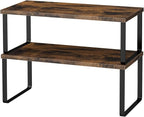 Cabinet Shelf Organizers, 15.7 inches Large Kitchen Counter Shelf, Set of 2 Wood Kitchen Pantry Organizer, Storage Shelves for Countertop, Spice Rack, Stackable, Expandable, Metal Black, Brown