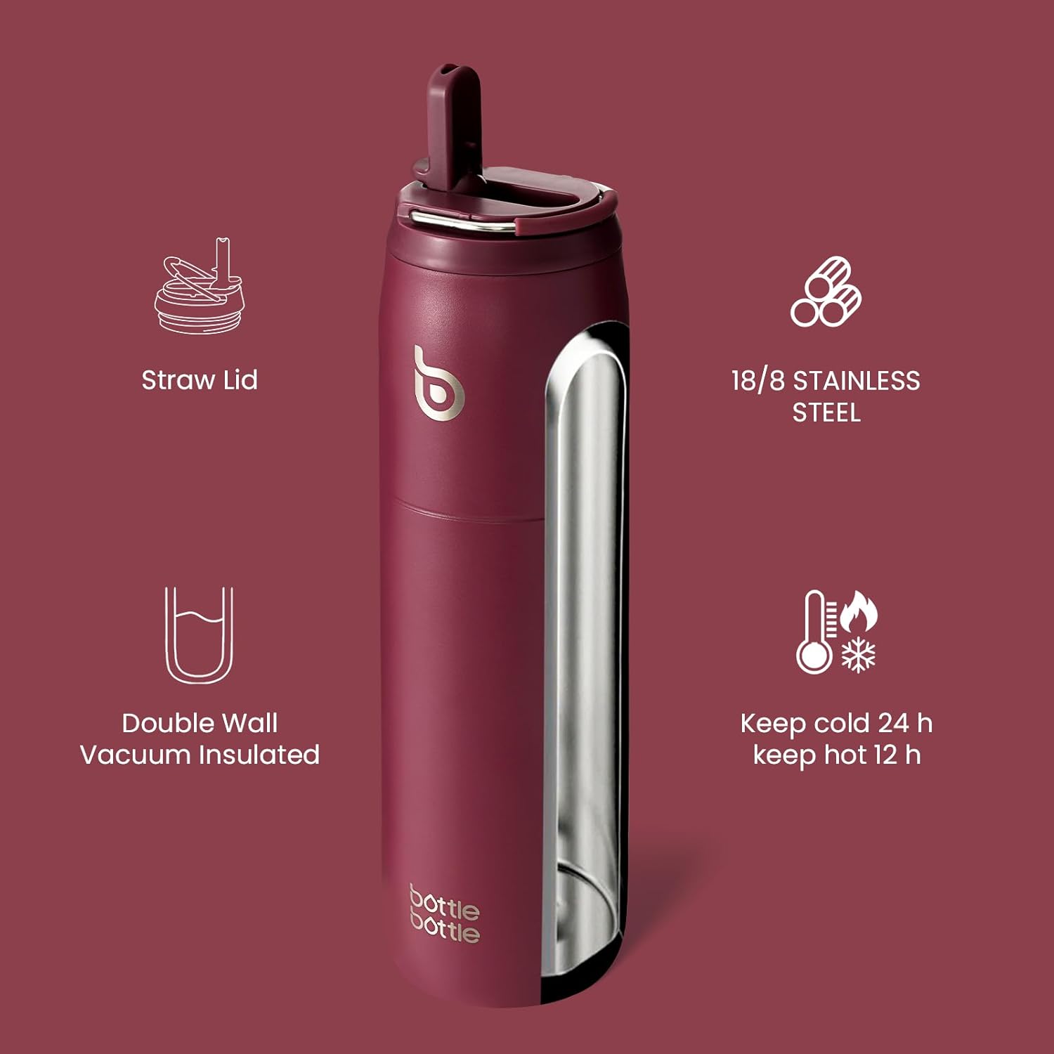 BOTTLE BOTTLE Stainless Steel Water Bottle with Straw and Lid, 32 oz Vacuum Insulated Cup,Stay Cold and Hot， Leak-Proof Wide Mouth Sports Water Bottles red