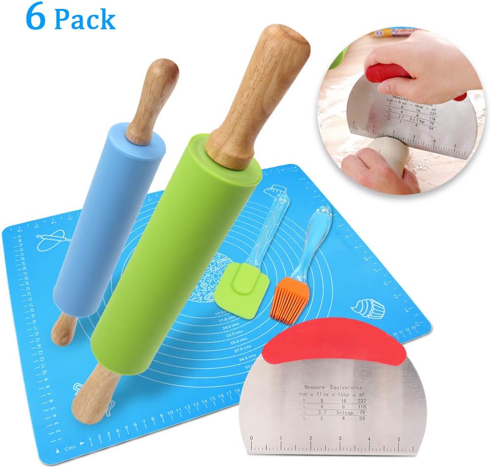 Ewinever 1Set Rolling Pin Pastry Mat Set Non-Stick 6 in 1 Dough Roller Baking Kit with Pastry Cutter Reusable Kneading Mat Scraper Basting Brush