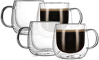 CNGLASS 10oz Double Walled Glass Coffee Mugs(4-pack),Clear Coffee Cups with Handle,Glass Espresso Mugs for Latte,Cappuccino,Tea