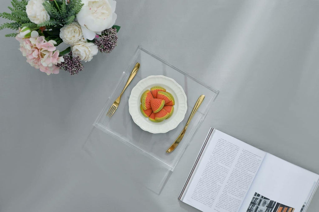 Clear Sturdy Acrylic Serving Tray with Handles-12x12 Inch-Serving Coffee,Appetizer,Breakfast,Butler-Kitchen Countertop Makeup Drawer Organizer-Vanity Table,Ottoman Tray