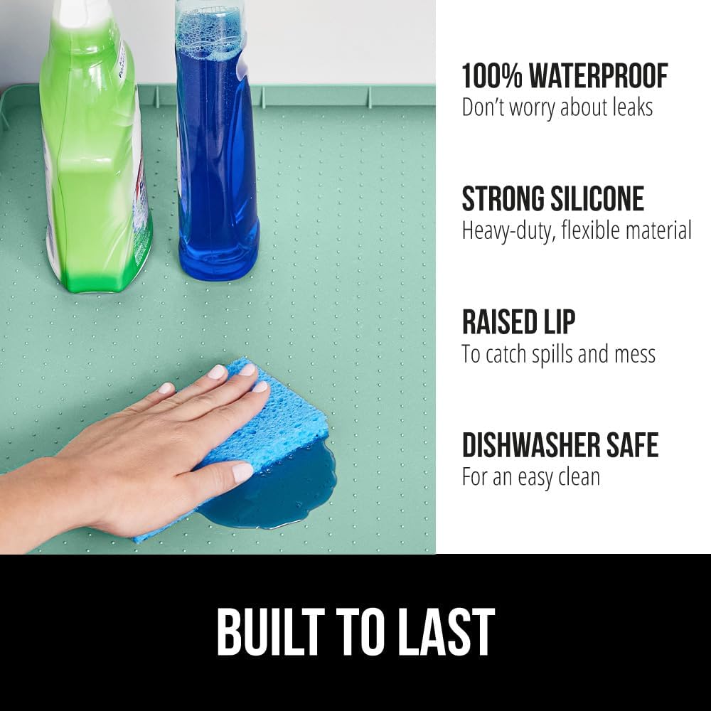 GORILLA GRIP Waterproof Silicone Under Sink Mat with Raised Lip for Kitchen and Bathroom, Cabinet Shelf Liner Stay in Place Mats Dishwasher Safe Drawer Liner, Organizer Tray, 19 x 34 in, Mint
