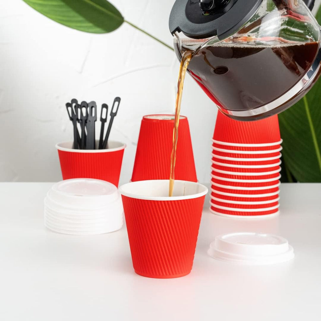 Restaurantware 8 Ounce Double Wall Disposable Coffee Cups, 500 Insulated Red Paper Tumblers with Ripple Wall Design, Lids Sold Separately for Hot Drinks like Tea, Hot Chocolate, and More