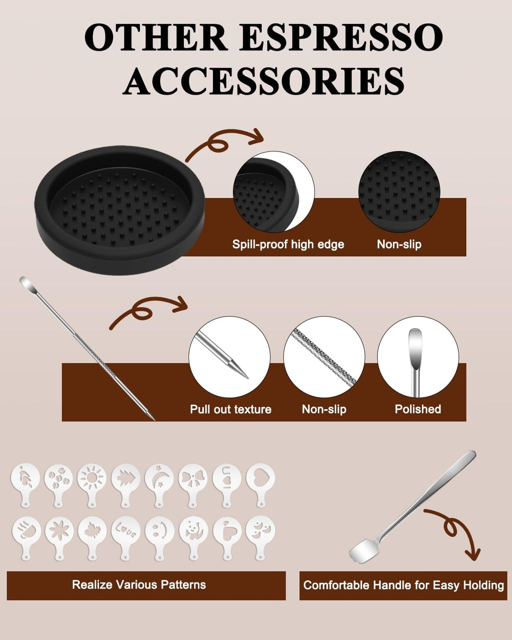 Espresso Kit, 350ml Espresso Milk Frothing Pitcher, 53mm Espresso Tamper, WDT Tool, 53.5mm Puck Screen, Dessert Spoons, Tamper Mat, Latte Art Pen &16 PCS Coffee Decorating Stencils