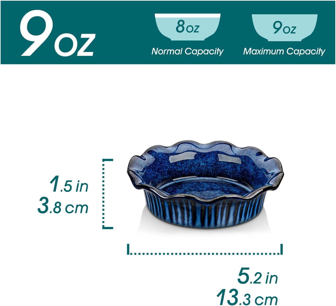vancasso Mini Pie Pans Set of 6, 5.2 Inch Ceramic Deep Dish Pie Plates with Ruffled Edge for Baking, Microwave & Oven Safe, Blue