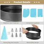 Springform Cake Pans Set, 3 PCS Non-stick Cheesecake Pan with Removable Bottom (8.6/9.4/10.2 Inches), Leakproof Heart Round Square Shapes Cake Pan with Piping Tips, Cake Leveler