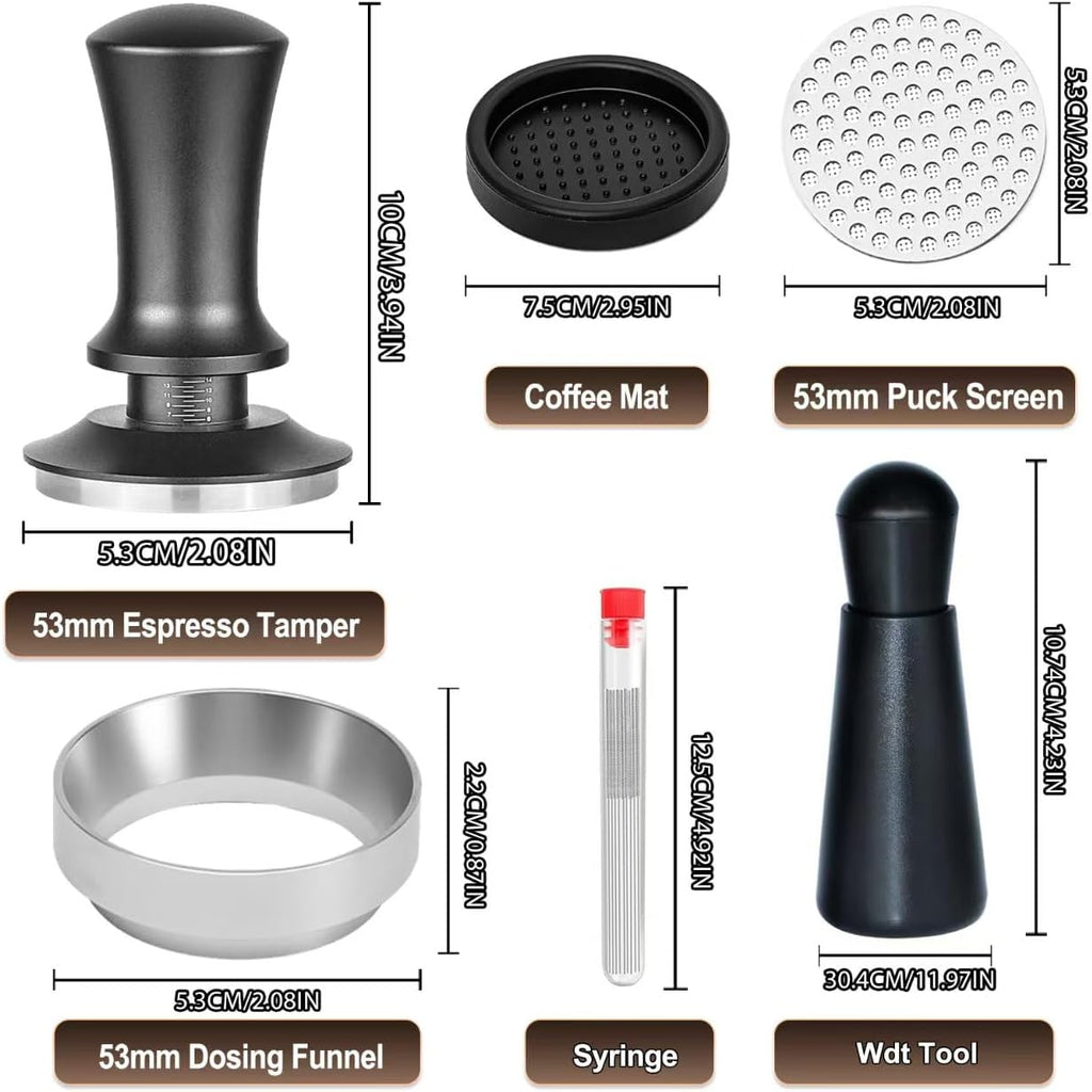 Espresso Accessories Kit 53mm, Spring Loaded Calibrated Espresso Tamper, Wdt Tool Espresso and Silicone Tamper Mat,Dosing Funnel, Coffee Puck Screen and 12 Replacement Needles Fit 53mm Portafilters