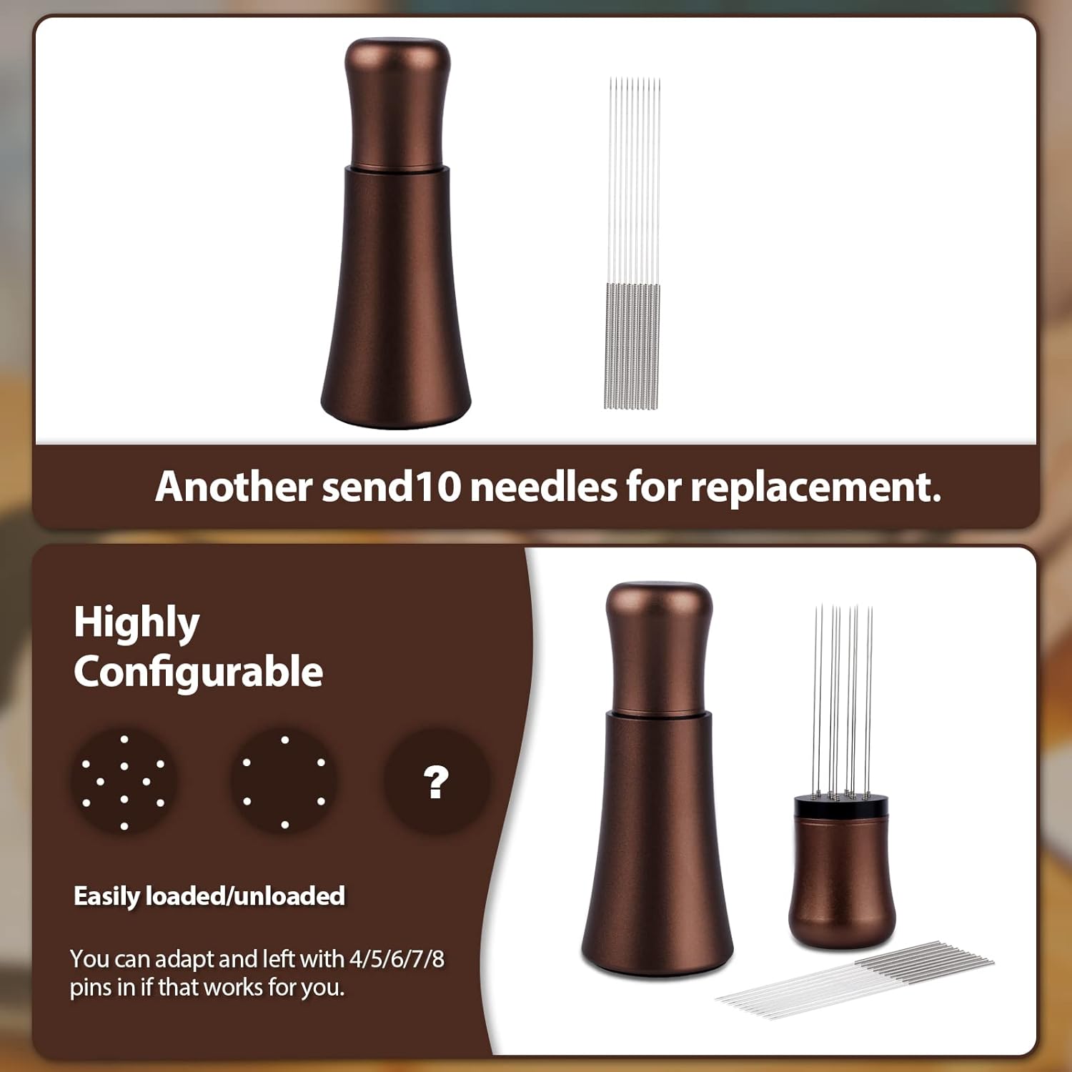 WDT tool, Espresso Distribution tools, 10 x 0.35mm 304 Stainless Steel Needles Installed with 10 Extra needles for Espresso Stirrer Replacement, Aluminum Alloy Handle with Stand (Matte Brown)