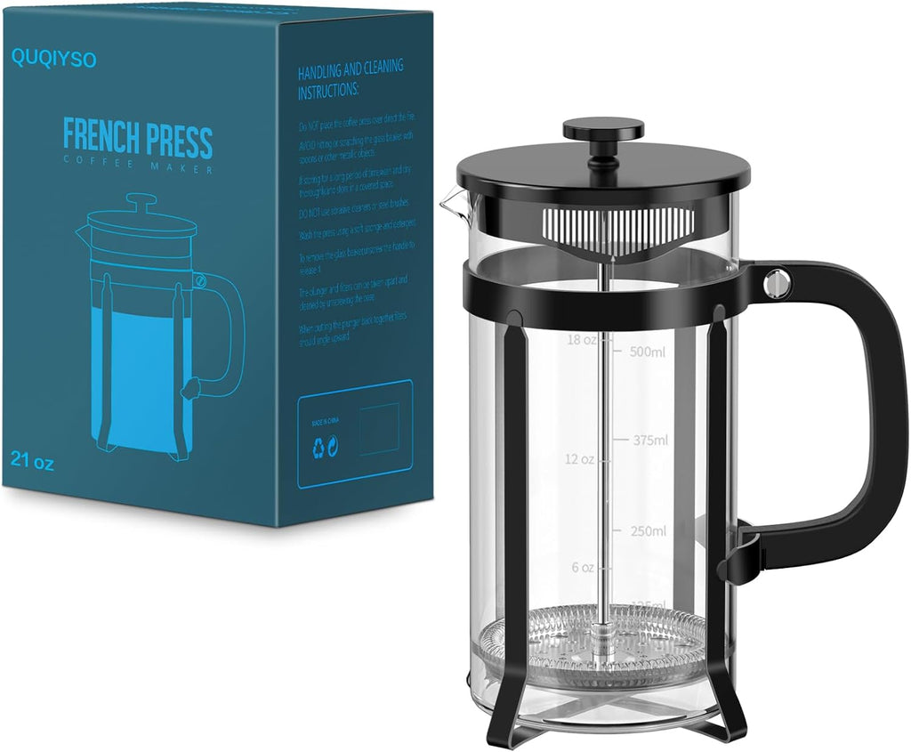 QUQIYSO French Press Coffee Maker 304 Stainless Steel French Press with 4 Filter, Heat Resistant Durable, Easy to Clean, Borosilicate Glass Coffee Press, 100% BPA Free Glass Teapot, 21 ounce, Black