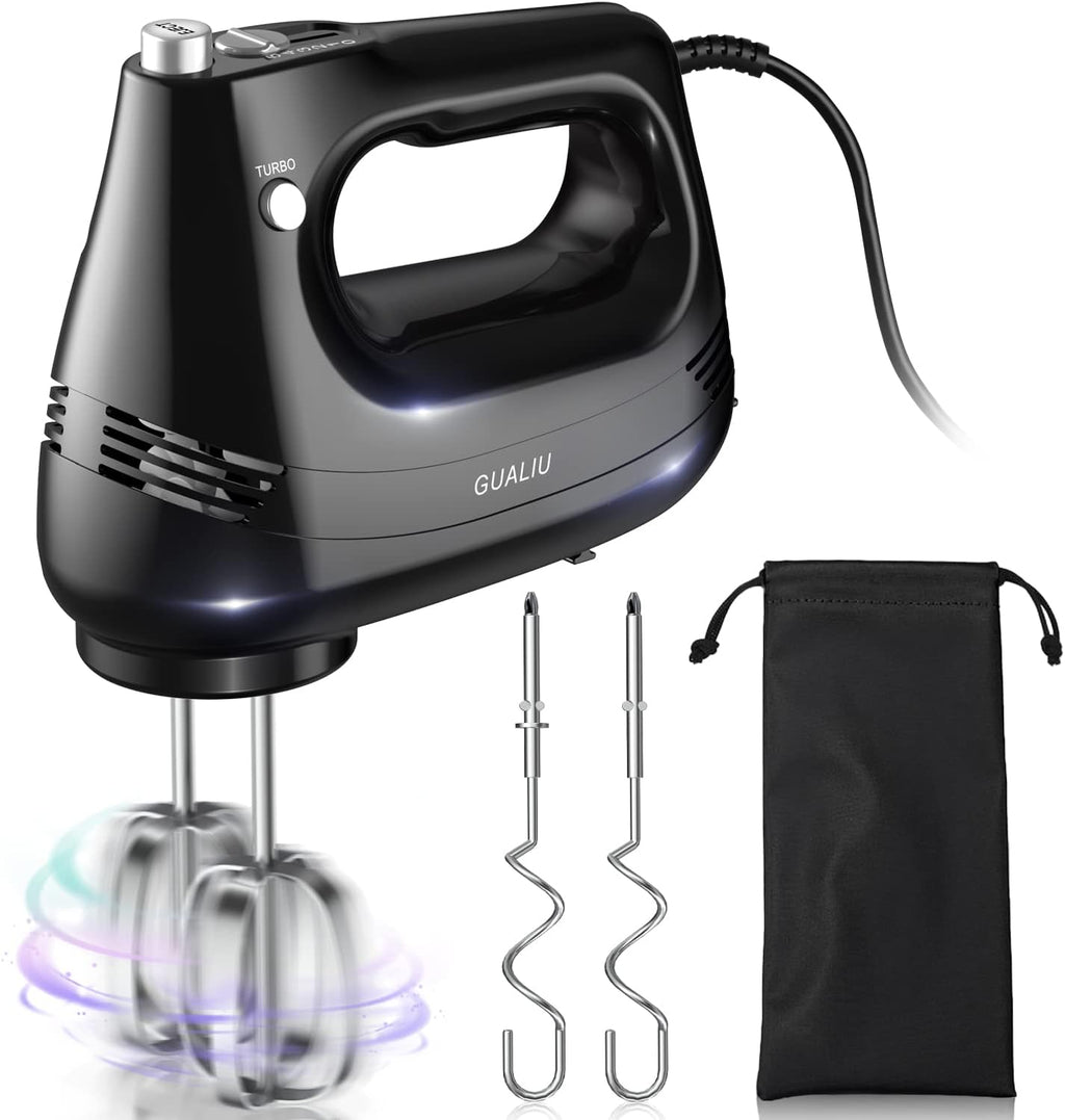 Electric Hand Mixer with Stainless Steel Whisk, Dough Hook Attachment and Storage Bag, Handheld Mixer for Baking Cakes, Eggs, Cream Food Mixers. Turbo Boost /5 Speed Kitchen Blender