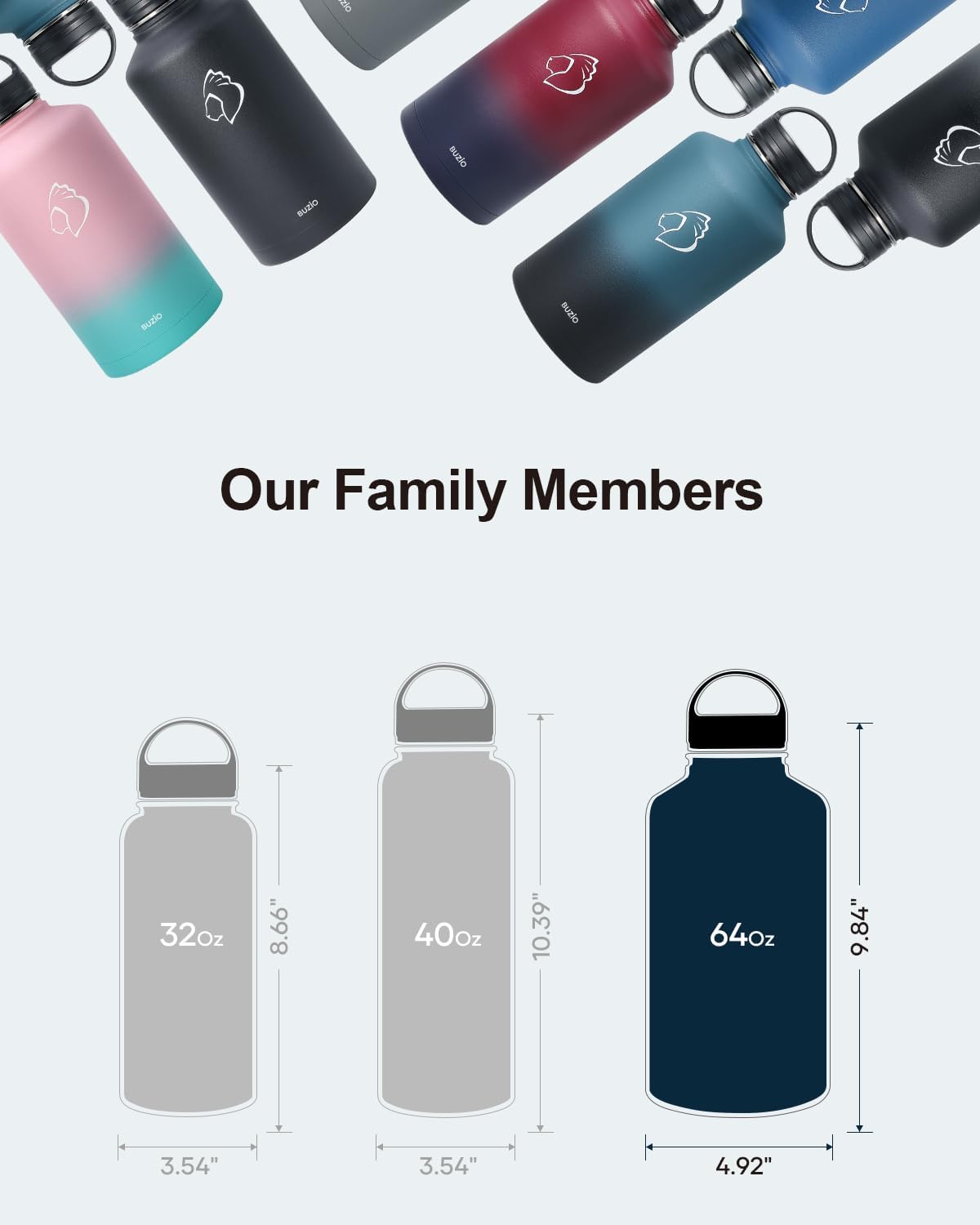 BUZIO 64 oz Water Bottle Insulated with Straw & 3 lid and Carrying Pouch, Leak Proof Half Gallon Stainless Steel Water Flask Jug, Cold for 48 Hrs Double Vacuum Thermo Canteen, BPA-Free, Blue