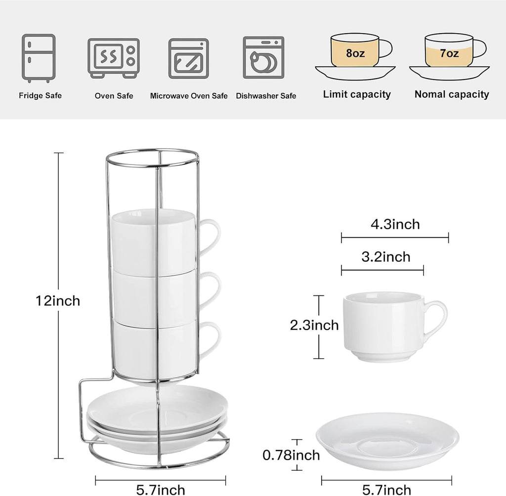 8 Ounce Porcelain Cappuccino Cups with Saucers and Silver Stand, White Cups Set of 4