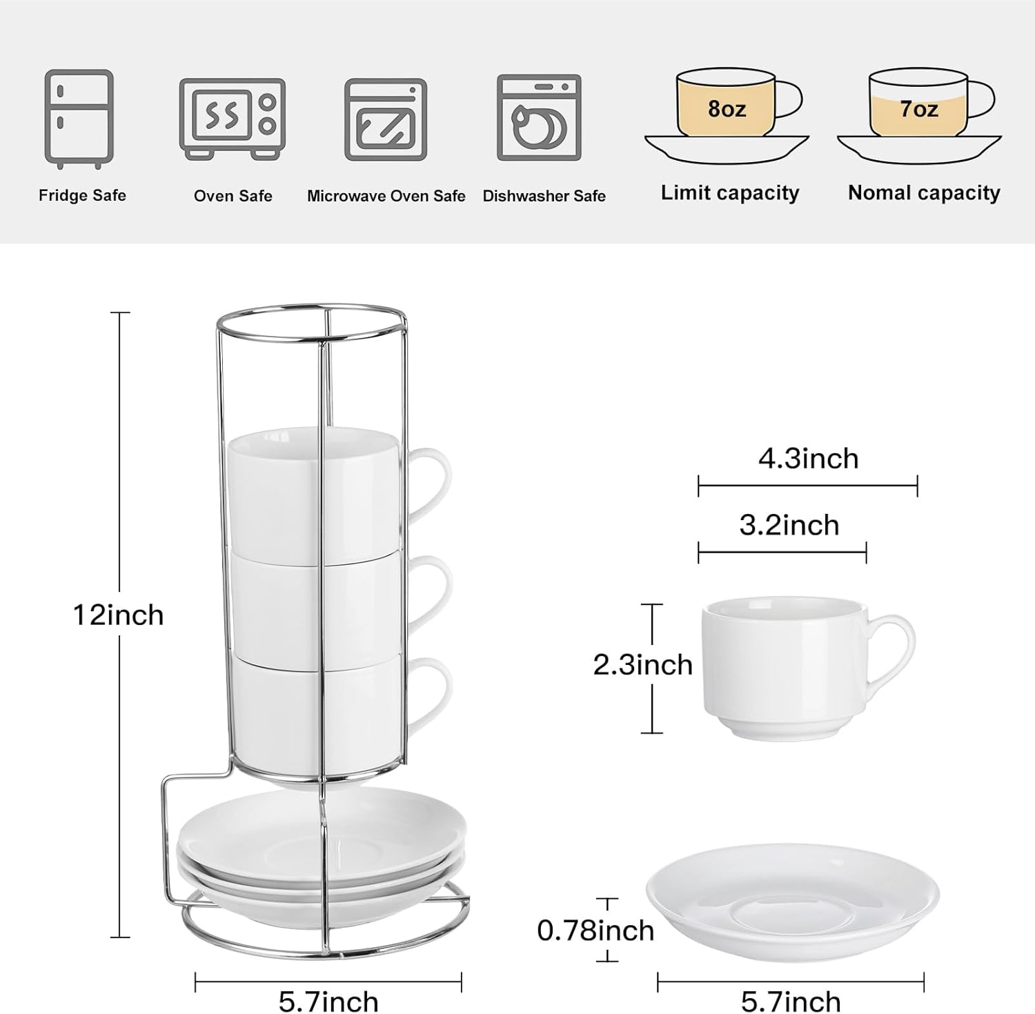 8 Ounce Porcelain Cappuccino Cups with Saucers and Silver Stand, White Cups Set of 4