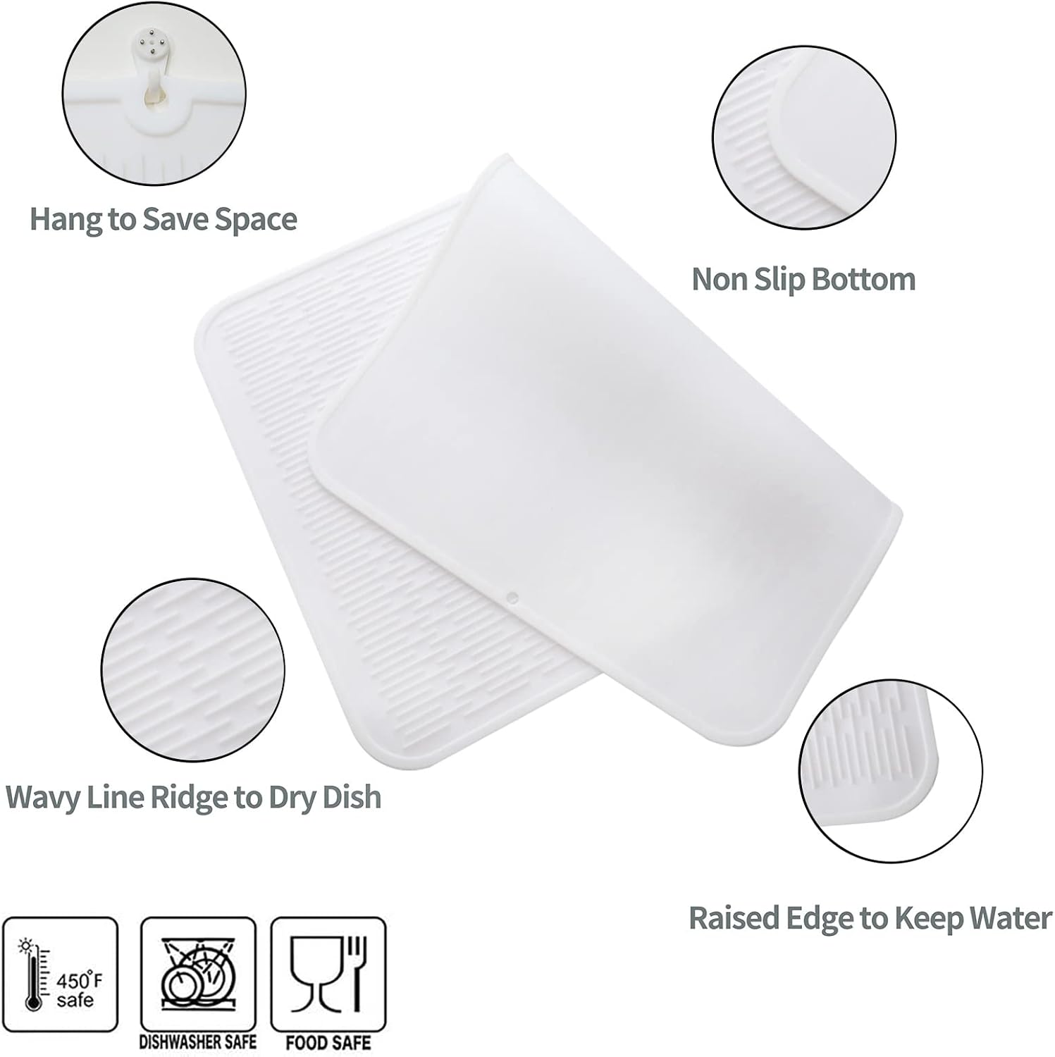 Silicone Dish Drying Mat for Multiple Usage,Easy clean,Eco-friendly,Heat-resistant Silicone Mat for Kitchen Counter or Sink,Refrigerator or Drawer Liner White 4XL 32 inches x 18 inches