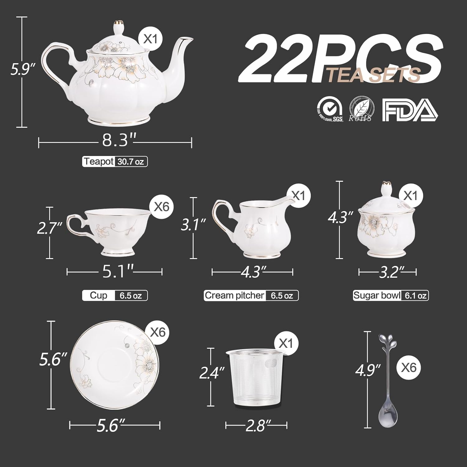 CHENP.HMC Tea Set 22-Piece Porcelain Ceramic Coffee Tea Gift Sets Cups Saucer Service for 6 Teapot Sugar Bowl Creamer Pitcher and Teaspoons (Chrysanthemum)