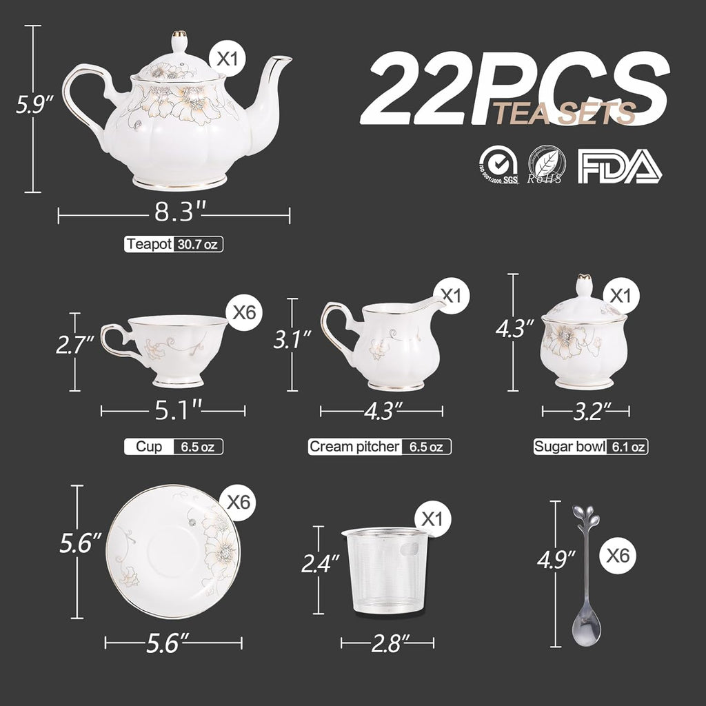 CHENP.HMC Tea Set 22-Piece Porcelain Ceramic Coffee Tea Gift Sets Cups Saucer Service for 6 Teapot Sugar Bowl Creamer Pitcher and Teaspoons (WHITE3)